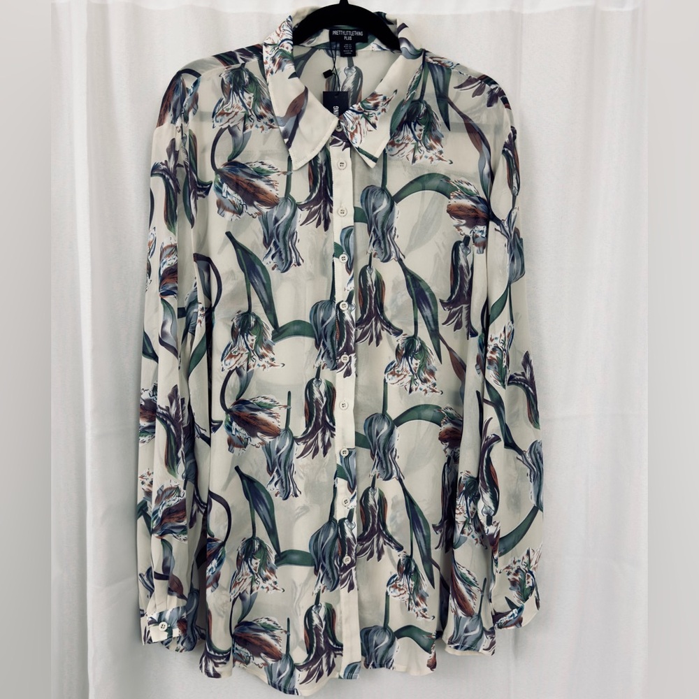 PrettyLittleThing Semi-Sheer Chiffon Floral Long Sleeve Layering Blouse US18 NWT